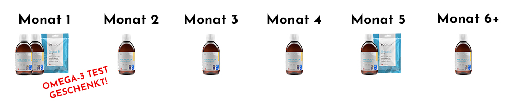 Concept 6 mois Eqology — visualisation de la mesure initiale et de contrôle de l'indice Oméga-3 avec livraison mensuelle d'huile pendant 6 mois